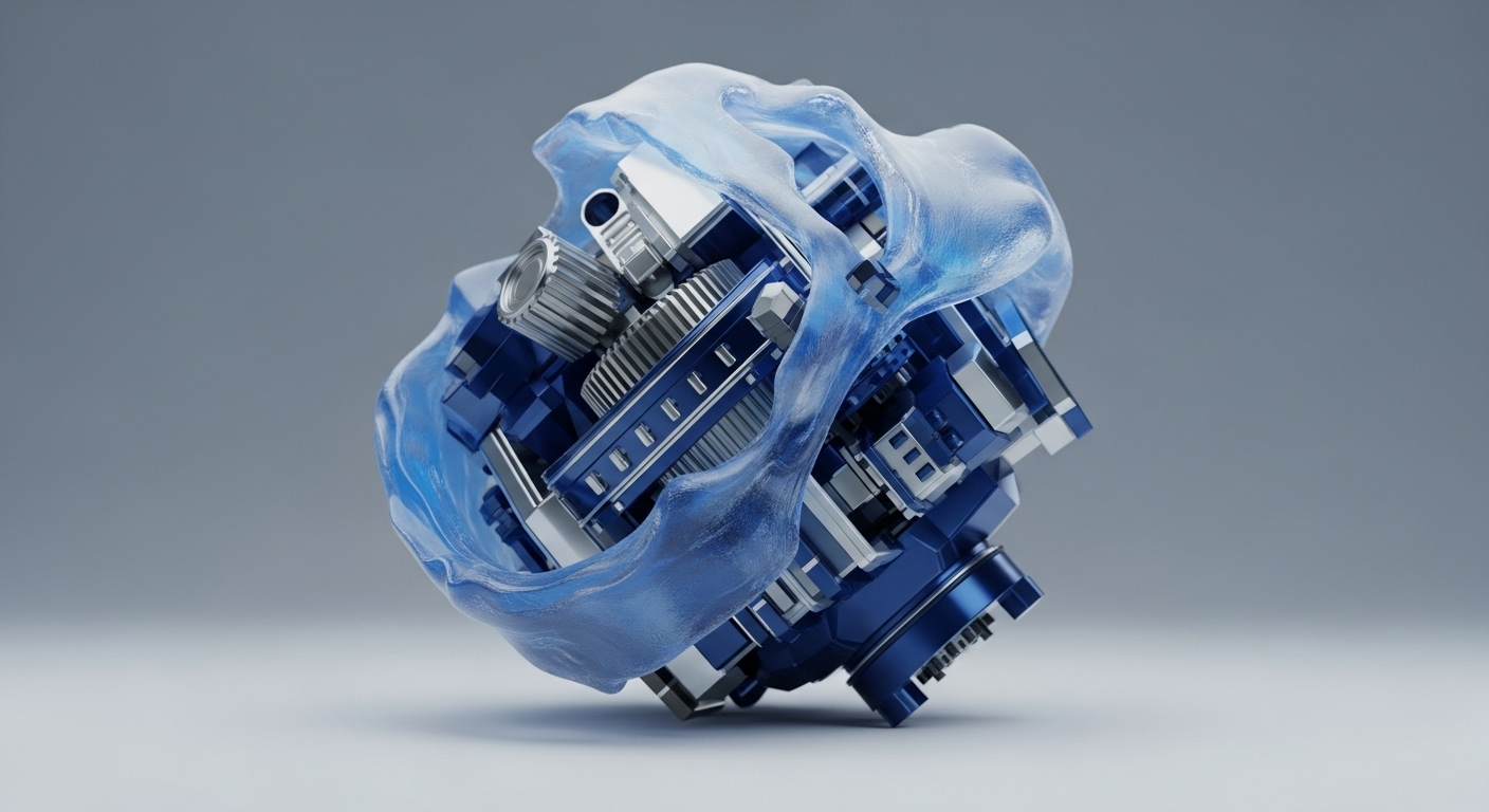 A sophisticated mechanical assembly, featuring deep blue and metallic silver interlocking components, gears, and structural elements, forms a complex core. This intricate blockchain architecture is partially enveloped by a translucent, fluid-like light blue substance, suggesting cryptographic protocol encapsulation. The robust internal structure visually represents a decentralized ledger technology framework, where smart contract logic drives its operational integrity. The fluid containment hints at secure, on-chain governance mechanisms safeguarding its core digital asset infrastructure.