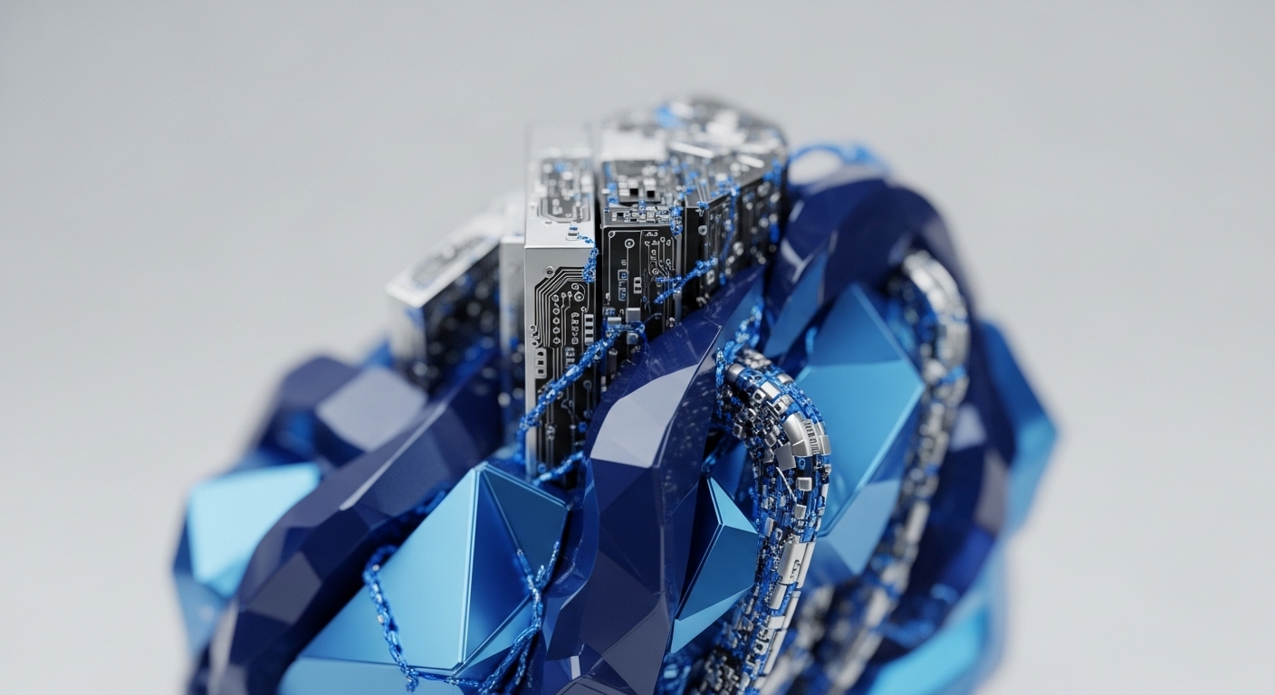 Jagged, multifaceted crystalline formations in shades of deep blue and vibrant cyan surround a core of detailed silver circuit boards and metallic conduits. This abstract representation visually articulates the convergence of physical mining hardware, such as ASICs, with the abstract principles of blockchain technology