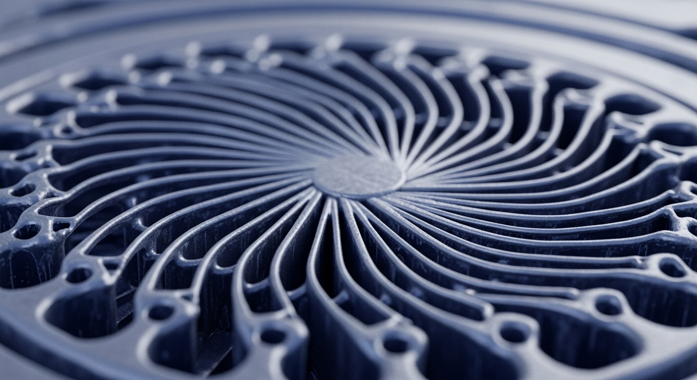 A close-up, monochromatic blue-grey view of an intricate circular metallic structure. A central disc anchors numerous precisely engineered, sweeping radial fins that expand outwards, forming a complex, layered pattern. The outer perimeter displays a segmented, interconnected framework. This design conceptually mirrors a decentralized network architecture, where validator nodes contribute to a cohesive whole. The radial flow evokes efficient transaction throughput and the intricate workings of a proof-of-stake consensus mechanism, implying robust protocol security and network resilience in distributed ledger technology DLT.