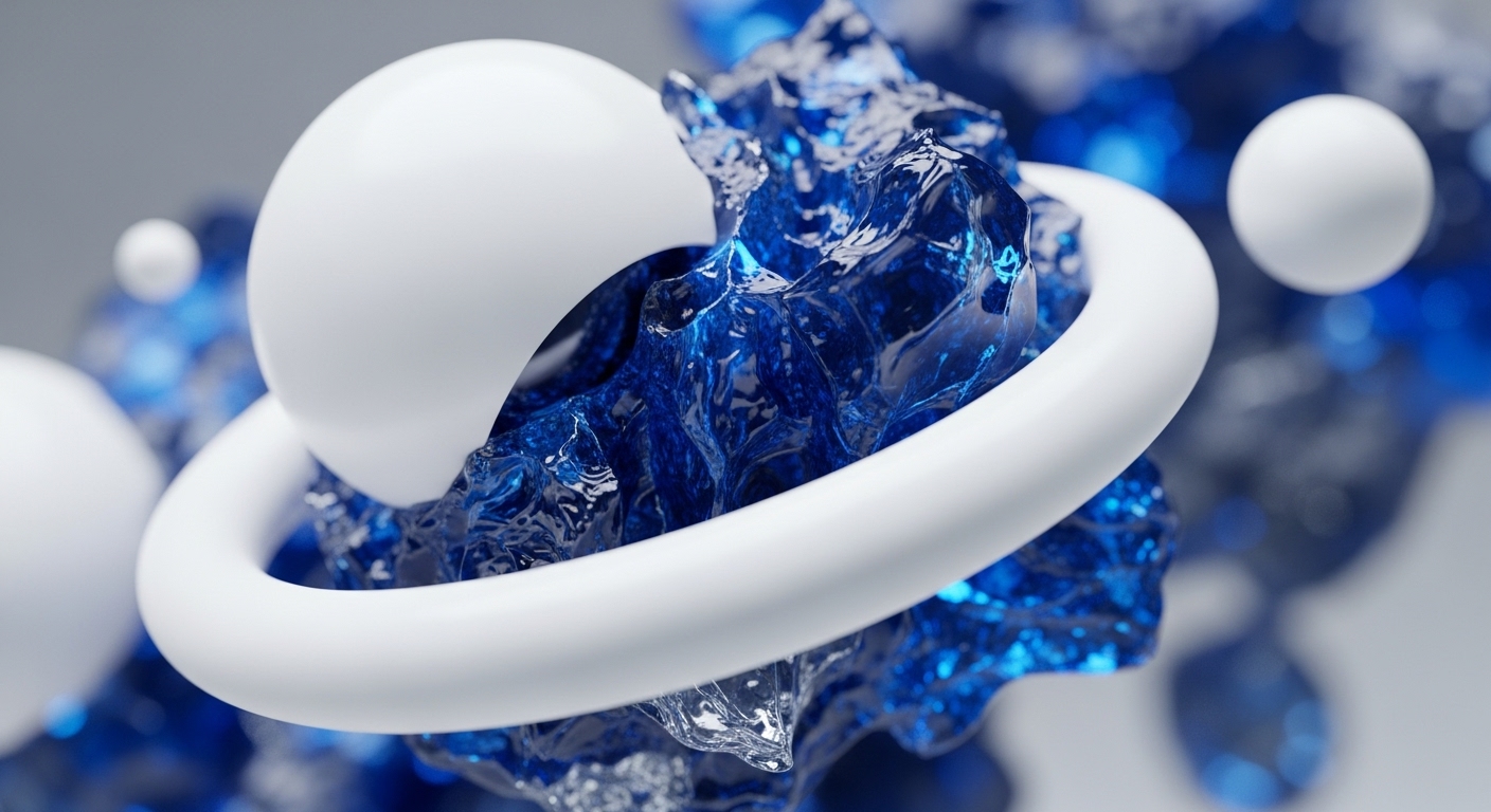 A prominent white torus encircles a mass of vibrant, fractured blue translucent material, while smooth white spheres and blurred blue elements occupy the background. The central white sphere and ring contrast sharply with the dynamic, crystalline texture of the encapsulated blue forms