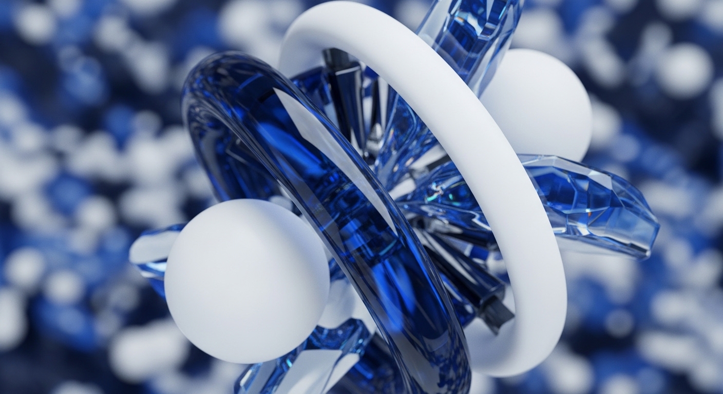 A detailed close-up reveals an abstract arrangement of smooth white spheres, a glossy deep blue toroidal structure, and angular, faceted blue crystal-like components. These elements are intricately interwoven against a softly blurred background of blue and white circular lights, creating a sense of dynamic depth and interconnectedness