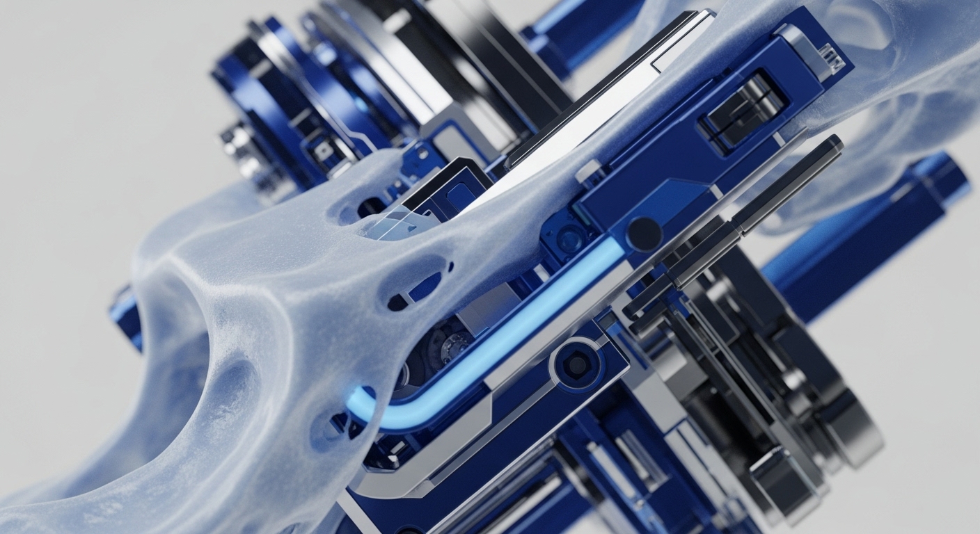 Polished blue and metallic mechanical components integrate with a translucent, organic-like network structure, featuring a glowing blue conduit. This intricate visual symbolizes advanced blockchain architecture and the underlying distributed ledger technology DLT powering modern web3 infrastructure