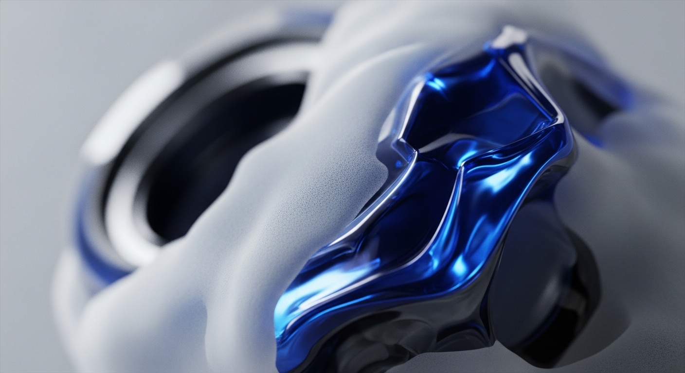 A vibrant, reflective blue metallic form undulates across a textured, light grey fabric-like surface, creating dynamic interplay of light and shadow. In the soft-focus background, a dark, circular mechanism with a bright rim suggests an underlying system