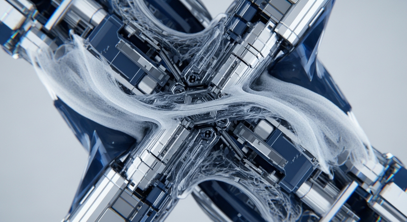 A complex, interconnected mechanical structure, featuring reflective silver and deep blue components, forms an 'X' pattern. Intricate, wispy white filaments, reminiscent of data streams or network activity, entwine around the metallic framework, particularly dense at the central nexus. This visualization evokes a sophisticated blockchain architecture, illustrating dynamic transaction data flow through a decentralized network. The interlocking segments suggest protocol layers and cross-chain interoperability, while ethereal elements symbolize cryptographic entanglement within robust Web3 infrastructure.