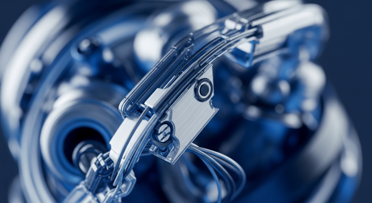 Close-up view of metallic components and wiring, bathed in a cool blue light, evokes the intricate workings of advanced technology. This imagery symbolizes the sophisticated infrastructure of blockchain technology, highlighting the interconnectedness of cryptographic protocols and consensus algorithms