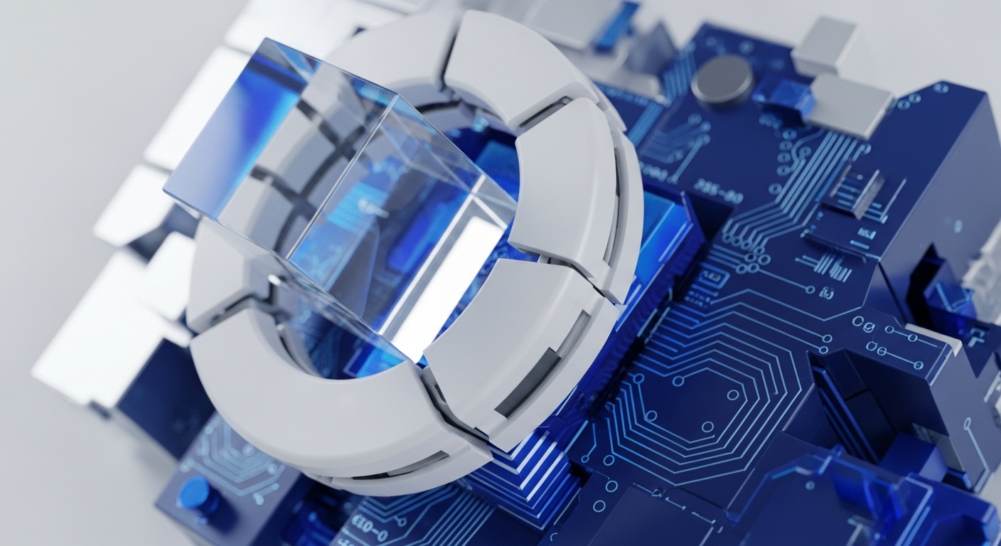 A clear, multifaceted prism intersects a segmented white ring, resting on a vibrant blue printed circuit board adorned with intricate pathways. This composition abstractly represents the core tenets of blockchain technology and the burgeoning landscape of cryptocurrency