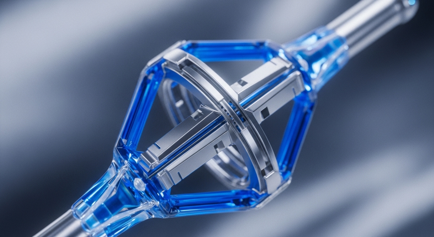 A close-up view highlights a sophisticated, multi-component blockchain architecture device, featuring metallic silver elements intertwined with translucent blue structures. This central mechanism showcases precise engineering and material integration