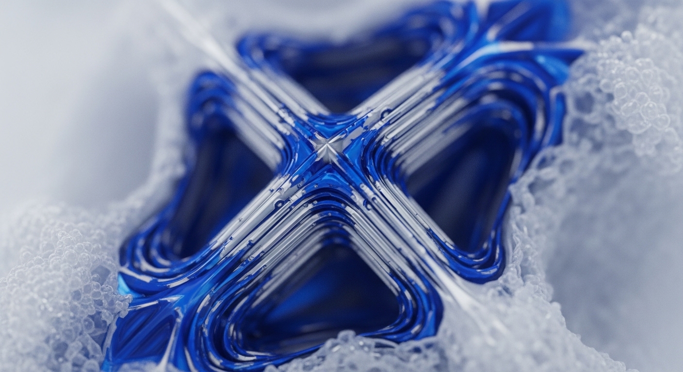 A macro view reveals a robust blockchain architecture, featuring intersecting blue and white structural elements forming a central node. These components, reminiscent of cryptographic primitives, are partially enveloped by a translucent, granular material symbolizing a vast decentralized network. The intricate layering of the blue elements suggests complex smart contract logic or secure data flows within a distributed ledger. This visual metaphor encapsulates the precision and interconnectedness essential for a resilient consensus mechanism and efficient node orchestration across the digital asset framework.