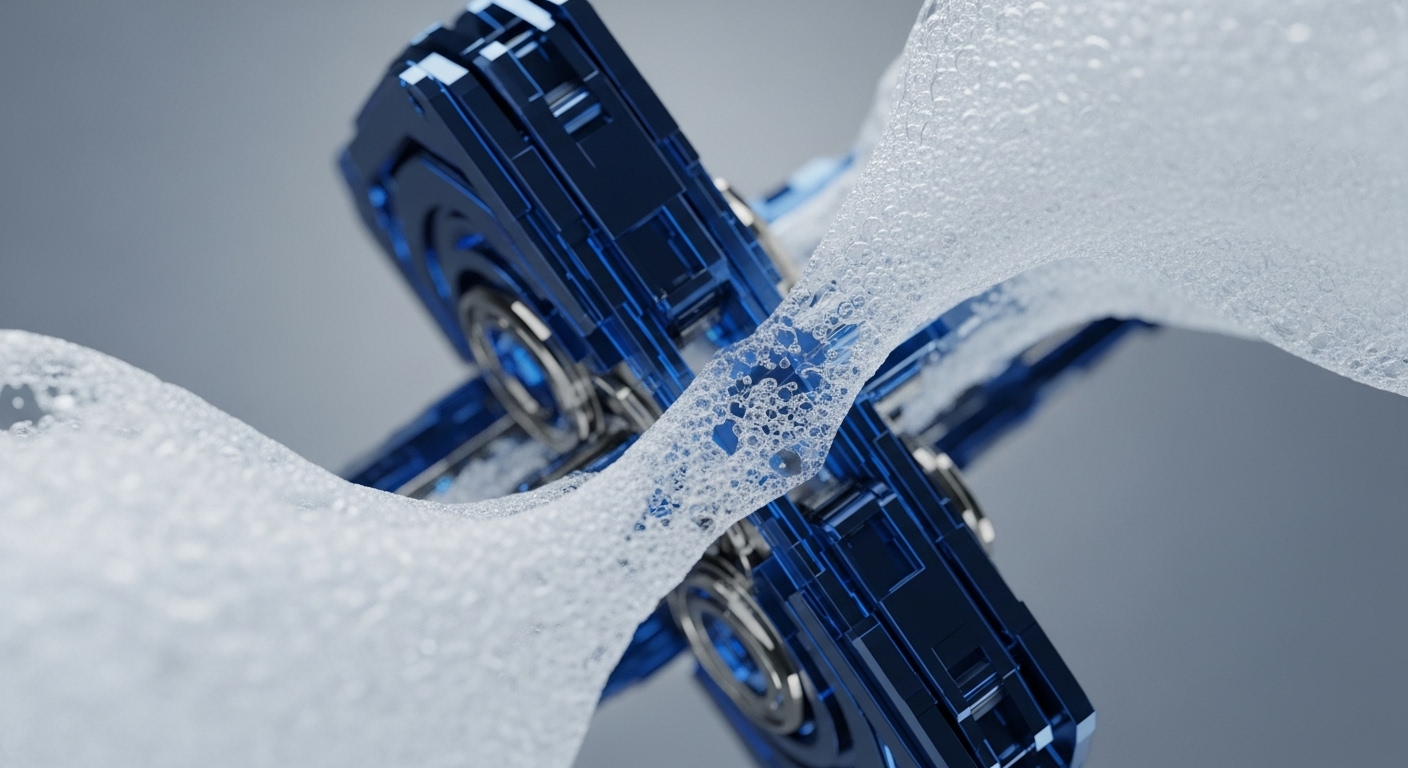 A futuristic, blue metallic, multi-component structure, featuring intricate geometric designs and polished accents, is partially enveloped by a dynamic, translucent foamy substance. The light-colored foam flows around and through the mechanical elements, highlighting their complex interplay