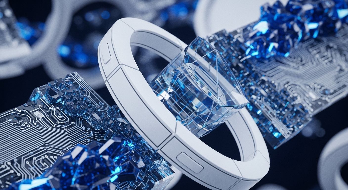 Abstract crystalline formations and detailed circuit board patterns interlace, representing the foundational elements of blockchain technology and its future evolution. The prominent blue, faceted crystals, integrated with metallic toroidal structures, illustrate nodes within a distributed ledger, akin to a decentralized network architecture
