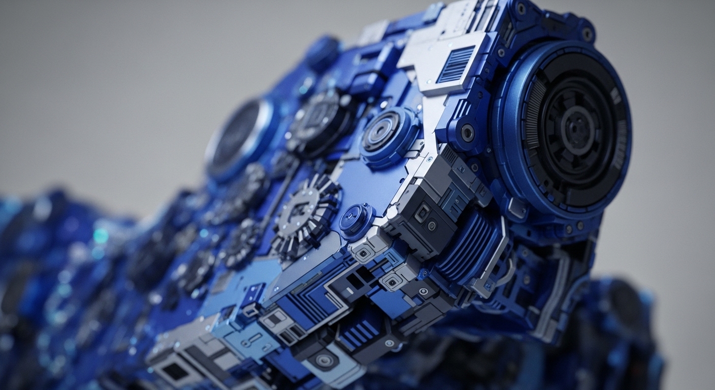 The detailed close-up reveals a complex, metallic blue and silver technological assembly, featuring numerous interlocking parts, circular elements, and layered plating. This intricate construction evokes the sophisticated architecture of blockchain networks and the underlying cryptography that secures digital assets