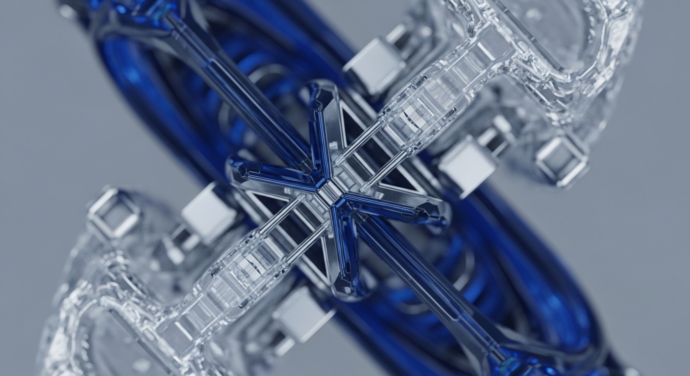 A central, multi-faceted transparent and blue crystalline hub anchors a complex, interconnected system. Transparent structural elements radiate outward, connecting to intricate clear and metallic structures on the periphery, all set against a dynamic, out-of-focus blue background