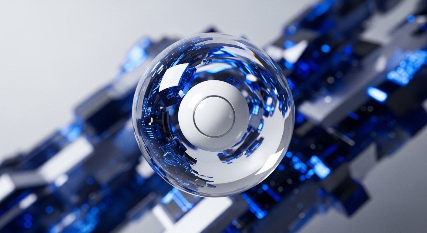 A clear, spherical object with a central white button-like element is prominently featured, reflecting blue digital patterns. The background consists of blurred, interconnected blue and grey geometric structures, suggesting a complex technological environment