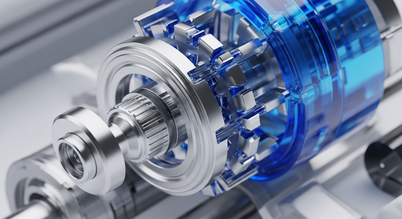 The image displays a detailed view of intricate mechanical components, featuring a prominent translucent blue cylindrical structure interlocked with various silver metallic gears and shafts. The composition highlights precision engineering with reflective surfaces and clear materials, suggesting complex internal workings
