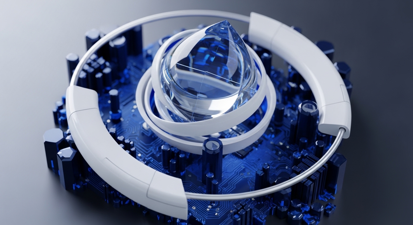 A translucent, multi-faceted crystalline form, reminiscent of a diamond or a water droplet, is cradled by several smooth, white concentric bands. This core element rests upon an elaborate blue printed circuit board, densely populated with hexagonal components and intricate traces, evoking a sophisticated technological ecosystem