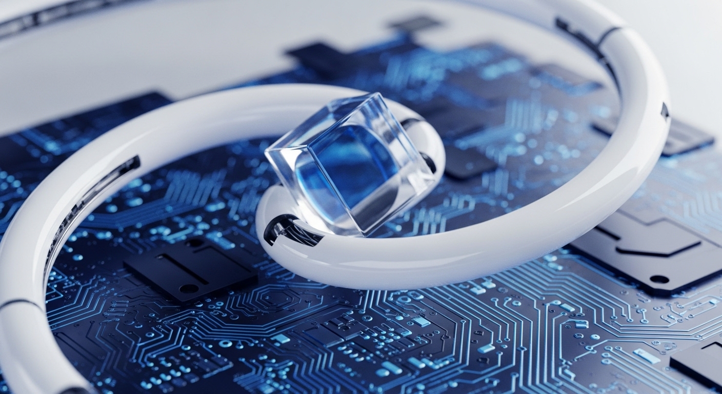 A clear, multifaceted prism containing a vibrant blue glow sits atop a detailed blue printed circuit board, its intricate pathways illuminated. A sleek white conduit frames the prism, evoking advanced technological integration