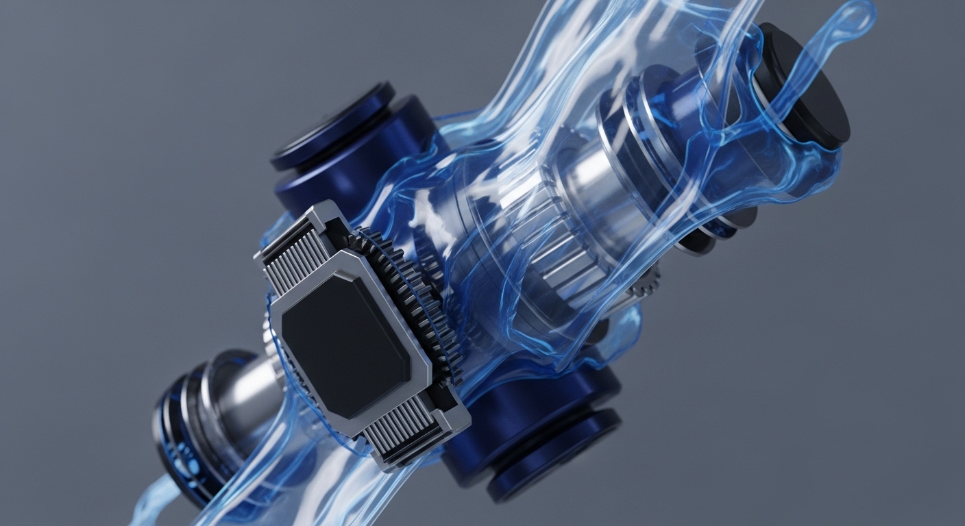 The image displays a complex assembly of metallic and dark blue mechanical components, featuring a central processing unit-like structure with visible heat sinks. A luminous, translucent blue fluid dynamically weaves through and around these interlocking parts