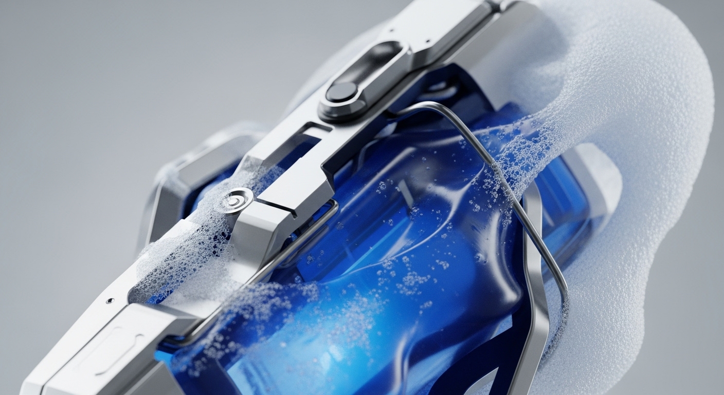A detailed close-up reveals a sleek, futuristic device featuring polished silver-toned metallic components and a vibrant, translucent blue liquid chamber. White, frothy foam overflows from the top and sides of the blue liquid, which is visibly agitated with numerous small bubbles, suggesting a dynamic process