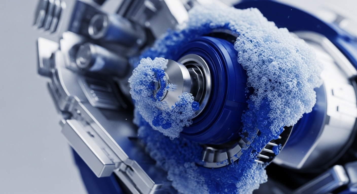 A detailed view presents a robust, metallic silver and deep blue mechanical apparatus, partially obscured by a textured, light blue, foam-like granular accumulation. The central cylindrical component and surrounding structural elements are encrusted with this intricate, bubbly material