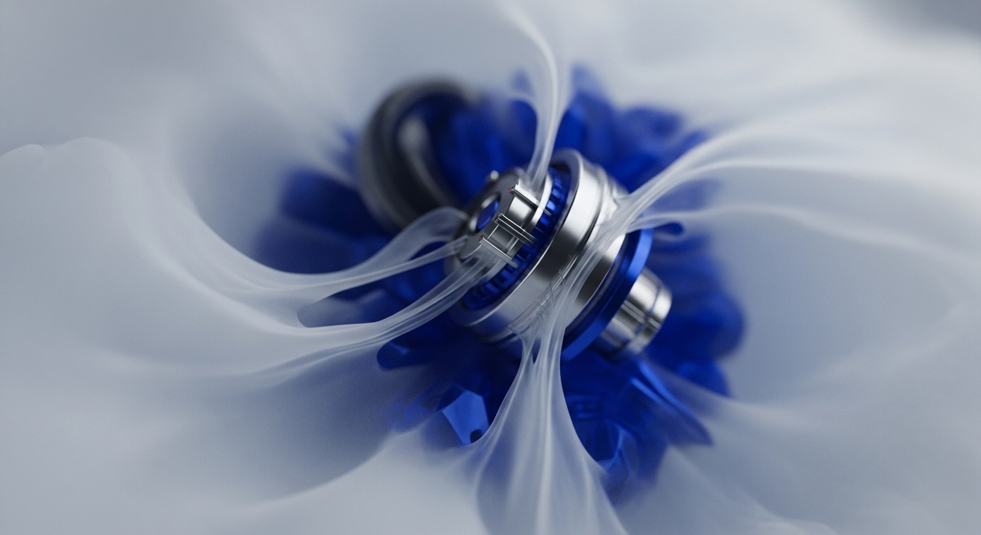 A polished silver and vibrant blue mechanical device, resembling an intricate engine or core component, is centrally positioned. Wisps of translucent white material elegantly intertwine and flow around this structure, creating a dynamic, almost ethereal effect