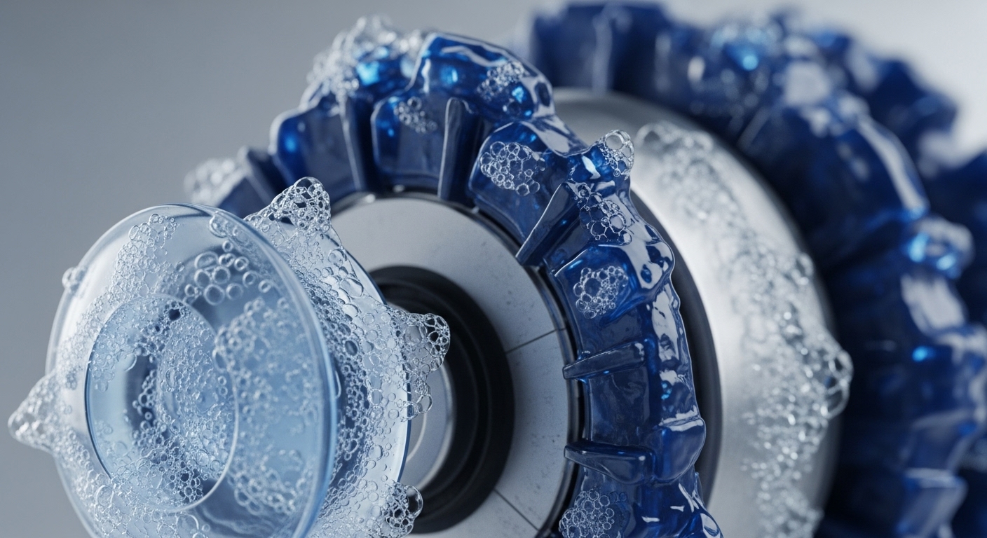 A close-up perspective reveals a complex metallic gear-like mechanism partially submerged in a vibrant blue, bubbly liquid. Transparent components on the left are also coated in the foamy fluid, against a soft gray background