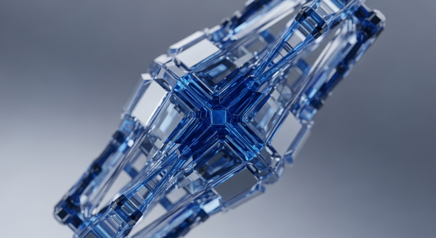 A striking abstract artwork displays an intricate, three-dimensional geometric structure crafted from reflective blue and clear crystalline elements, centered against a soft grey background. The central focus is a vibrant blue, multi-faceted core, surrounded by numerous transparent rectangular and square segments, forming a complex, interconnected visual network