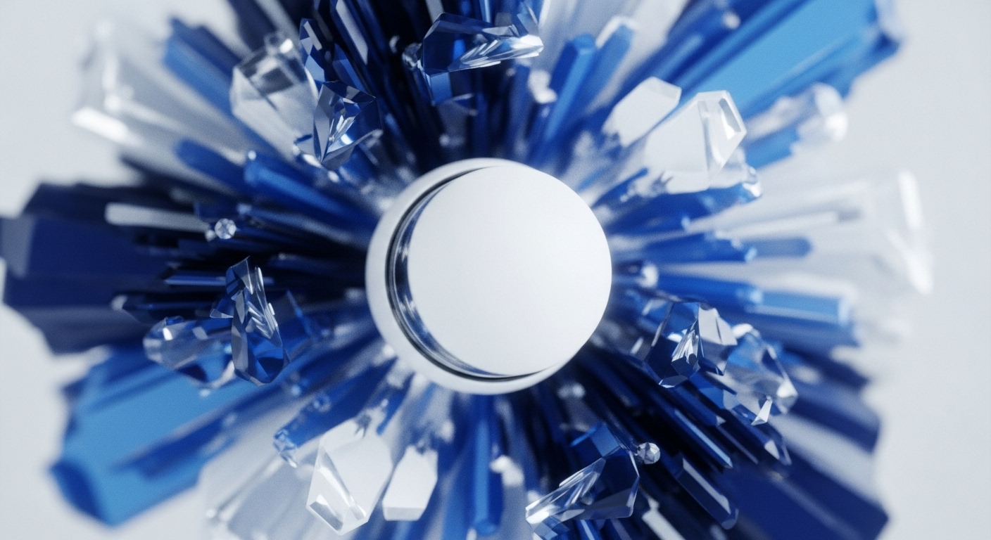 A pristine white sphere, encircled by a metallic ring, is surrounded by an intricate, starburst-like arrangement of blue and clear crystalline forms. These multifaceted structures vary in shade, from deep sapphire to translucent ice, creating a dynamic visual of expansion