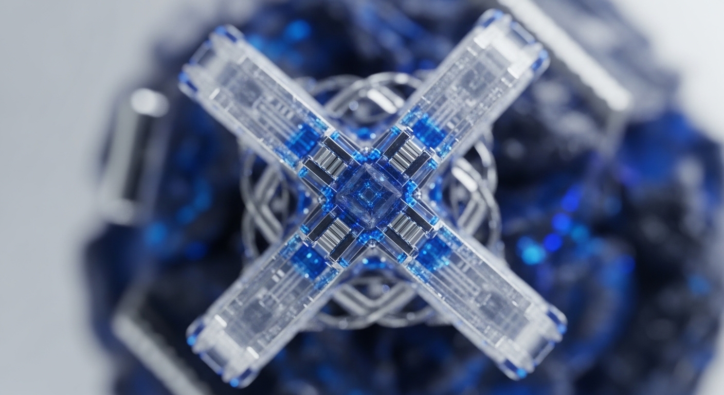 The image displays a highly detailed, symmetrical abstract structure, dominated by a central 'X' shape composed of clear and blue translucent components. This intricate mechanism is set against a blurred background of deeper blue and white, suggesting depth and a complex operational environment
