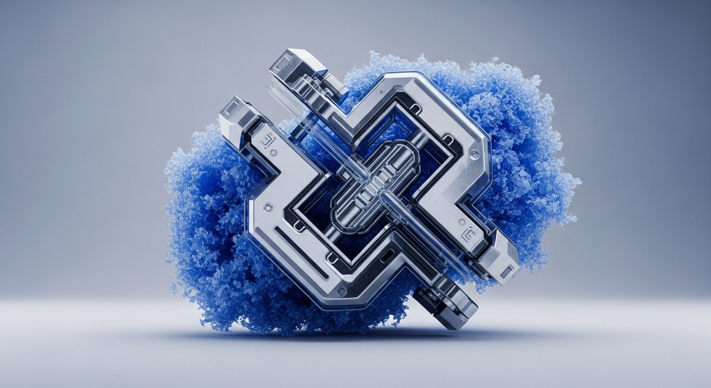 A sleek, metallic, angular structure with transparent elements is prominently featured, surrounded and partially embedded in a vibrant, textured cloud of blue crystalline particles. The object rests on a subtly reflective surface against a soft grey gradient background, emphasizing its futuristic and intricate design