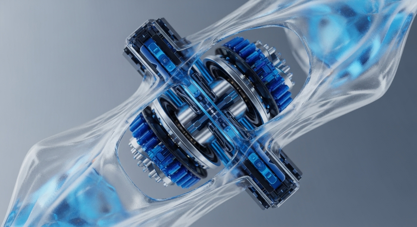 An intricate mechanical assembly of bright blue gears and polished metallic shafts is encased within a flowing, transparent structure. The components are meticulously arranged, suggesting a high-precision engine or gearbox operating within a clear, fluid medium