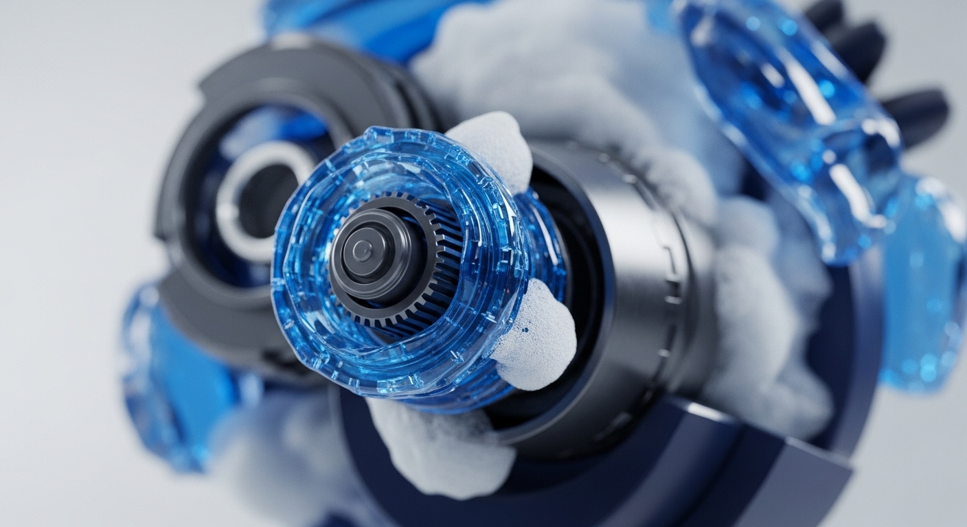 A detailed 3D rendering presents a complex mechanical assembly, featuring a central metallic gear-like structure encased within translucent blue elements and surrounded by white, frothy material. The components are intricately linked, suggesting a dynamic, high-performance system in operation