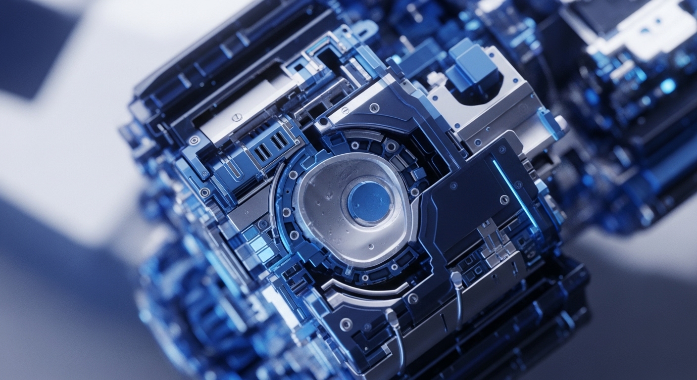 The image showcases a complex, metallic cubic structure with intricate blue-lit components, appearing as a sophisticated computational engine. Its precise, modular design and transparent elements highlight advanced engineering, featuring a prominent central circular mechanism