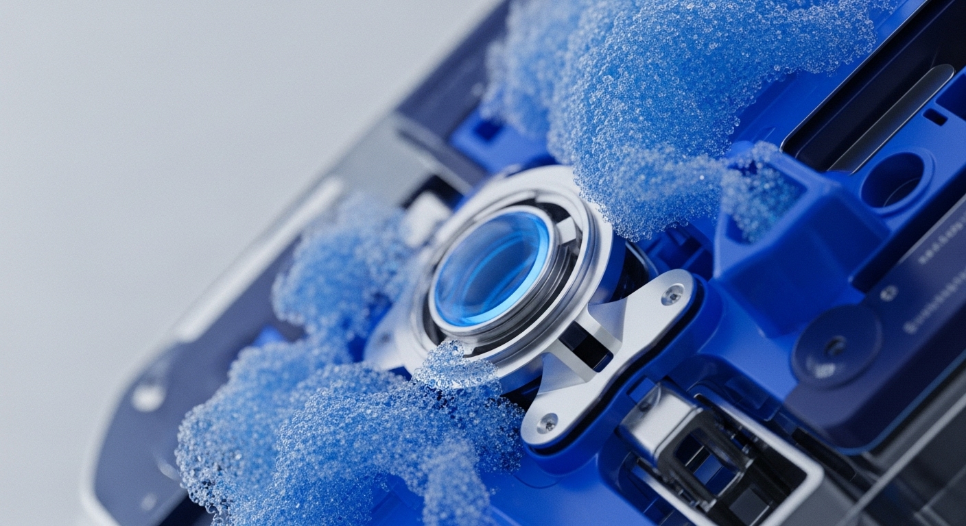 The image showcases a detailed close-up of a central metallic, circular component with a luminous blue core, partially immersed in a vibrant, effervescent blue material. This mechanism is housed within a robust blue structural framework, highlighting precision engineering and complex internal operations