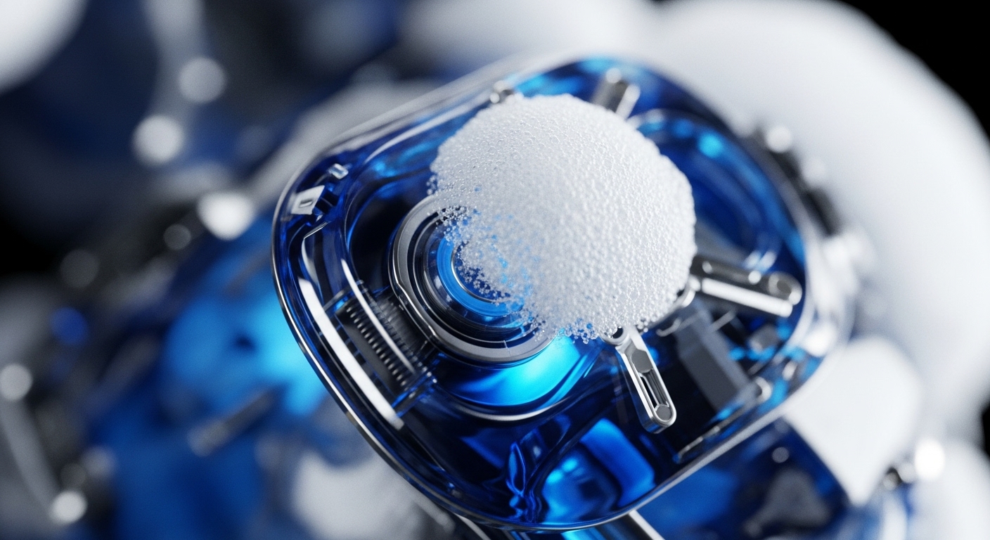A detailed close-up reveals a sophisticated blue-tinted mechanical device with transparent elements and polished metallic parts. A dense mass of white foam, composed of numerous tiny bubbles, sits atop a central circular section of the mechanism, symbolizing active liquidity pool dynamics within a decentralized finance DeFi ecosystem