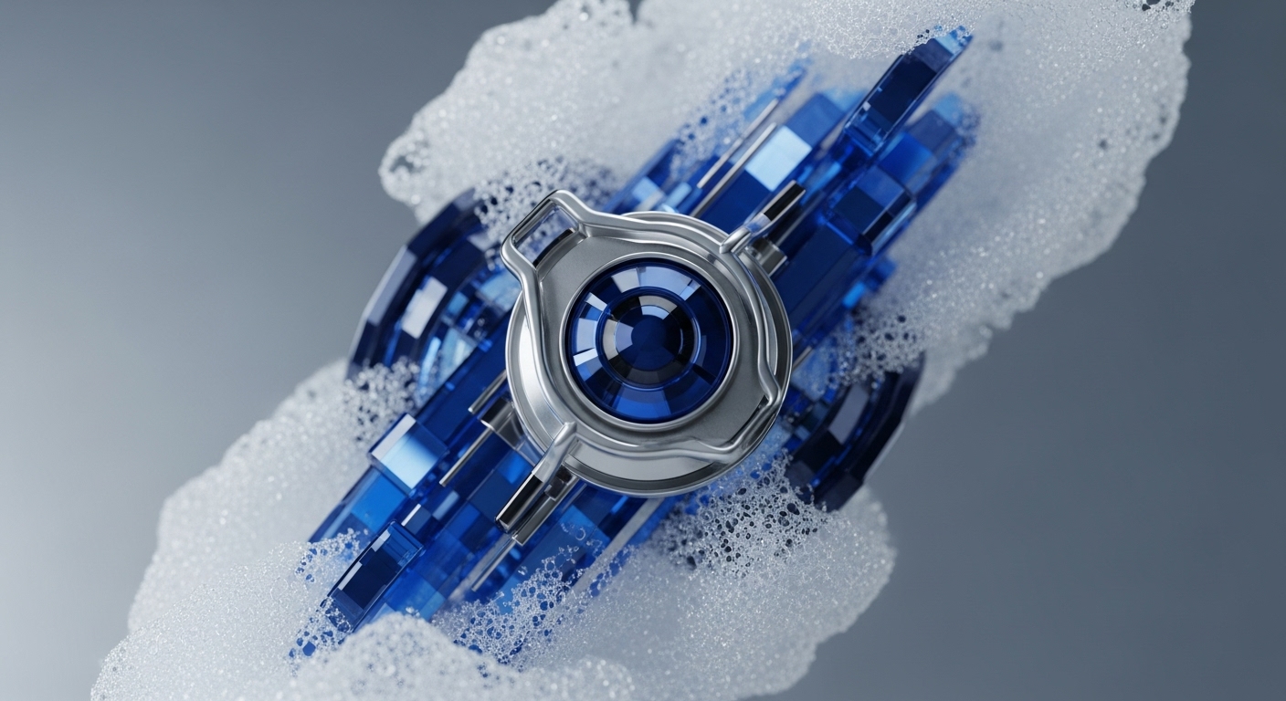 A central metallic validator node, precisely engineered, processes on-chain data blocks depicted as faceted blue structures. Surrounding foam signifies the dynamic block propagation and transaction finality within a decentralized ledger. This visual metaphor captures the intricate consensus mechanism ensuring data integrity and security across the network. The clean composition highlights efficient smart contract execution and robust protocol operations.