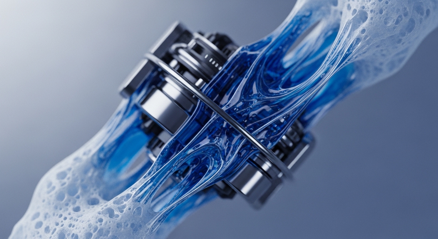 A central metallic structure, featuring intricate gears and rings, is dynamically encased within a vibrant, translucent blue substance. This fluidic element transitions into a frothy, white foam at its edges, creating a striking contrast of textures and forms