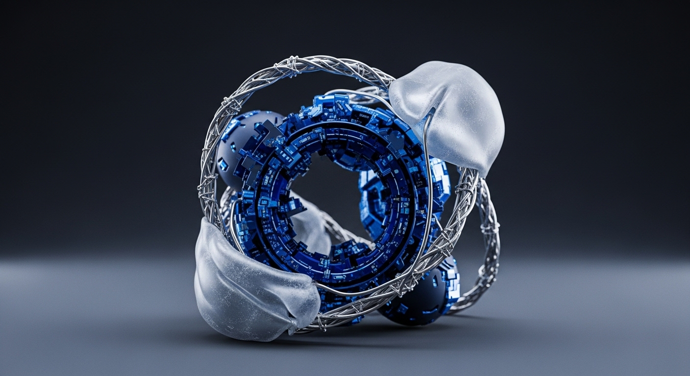 The image displays a sophisticated abstract 3D render featuring a central blue mechanical ring structure. This intricate core is surrounded by a metallic, braided cage, dark spheres, and translucent white flowing elements, all set against a dark, reflective background