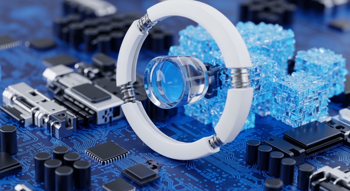 Intricate blue circuit board traces form the foundation for a conceptual representation of advanced digital infrastructure. A central, glowing transparent sphere is cradled by a white, segmented circular frame, symbolizing a critical component within a digital ecosystem