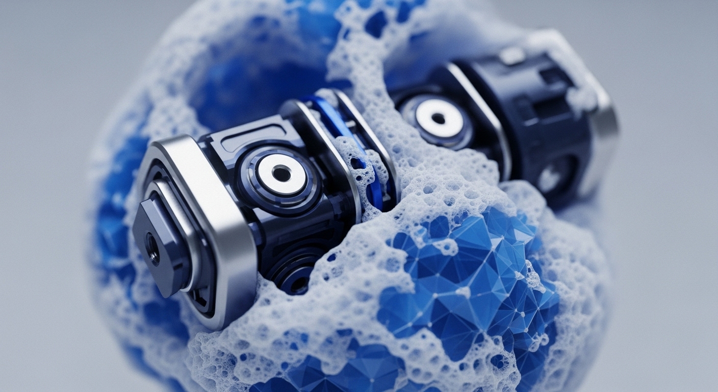 Precision-engineered metallic components, resembling intricate validator nodes, are partially enveloped by a frothy, opaque substance. Beneath this layer, a vibrant blue, geometrically interconnected structure, indicative of a distributed ledger network, is visible