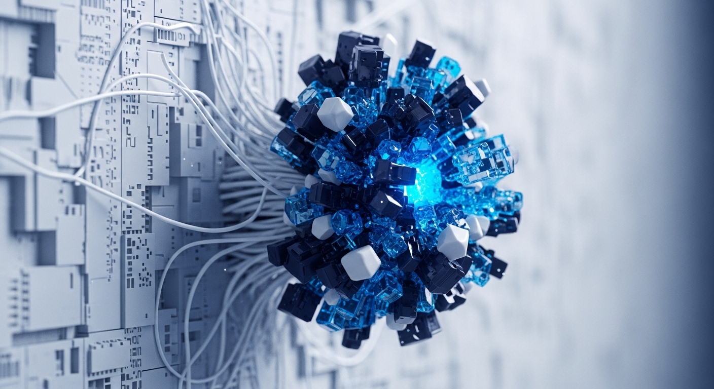 A glowing blue core within a complex cluster of dark, transparent blue, and white geometric blocks represents a decentralized network's processing hub. White cables extend from this central distributed ledger structure, connecting to a textured white backdrop resembling advanced blockchain infrastructure. The intricate arrangement of blocks suggests node interoperability and the secure flow of cryptographic primitives within a consensus mechanism, emphasizing data integrity and connectivity in a scalable system.
