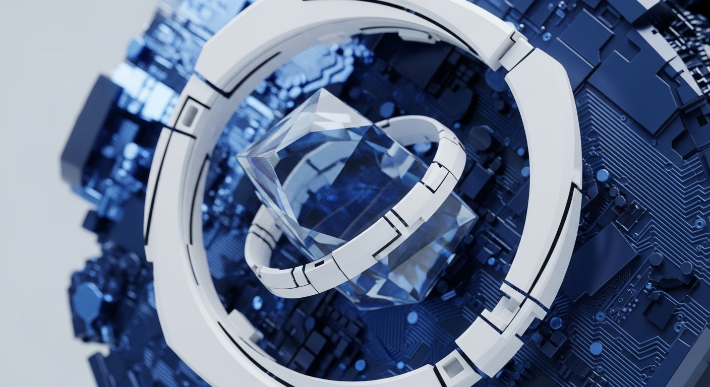 A geometric crystal, glowing with internal blue light, is suspended within interlocking white rings, symbolizing a core digital asset or token. This is set against a backdrop of intricate, blue-toned circuit board patterns, representing the complex infrastructure of blockchain networks and decentralized systems