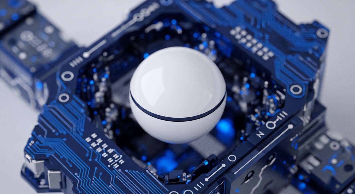 A polished white sphere with a dark horizontal stripe is centrally positioned within an elaborate, dark blue, interconnected structure resembling a circuit board. This visual metaphor represents the core of a decentralized system, where the sphere could signify a digital asset or a critical node within a blockchain network