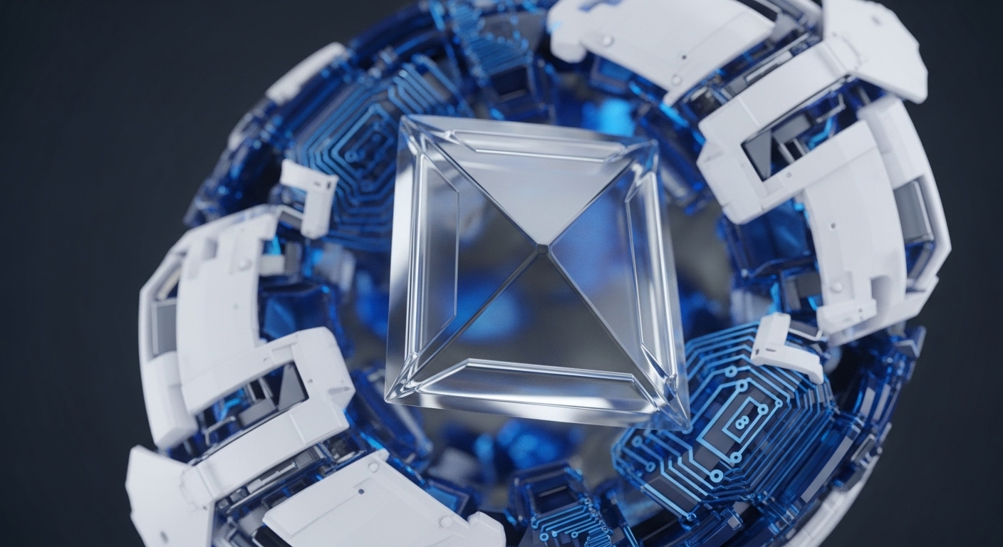 A clear, angular object sits at the heart of a dynamic, layered sphere. This sphere is composed of white, modular segments and transparent blue elements etched with intricate digital pathways, reminiscent of a complex circuit board