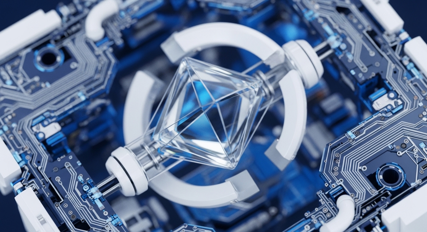 A crystalline structure with sharp geometric facets is centrally positioned, surrounded by interlocking white arcs against a backdrop of detailed blue printed circuit boards. This imagery evokes the core of blockchain technology, representing the immutable ledger and cryptographic hashing that secure digital transactions