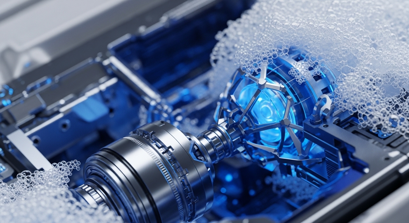 A high-resolution image captures a complex metallic mechanism featuring a glowing blue spherical core, partially submerged in a field of transparent bubbles. The intricate silver-toned components are illuminated by the internal blue light, creating a futuristic and dynamic scene