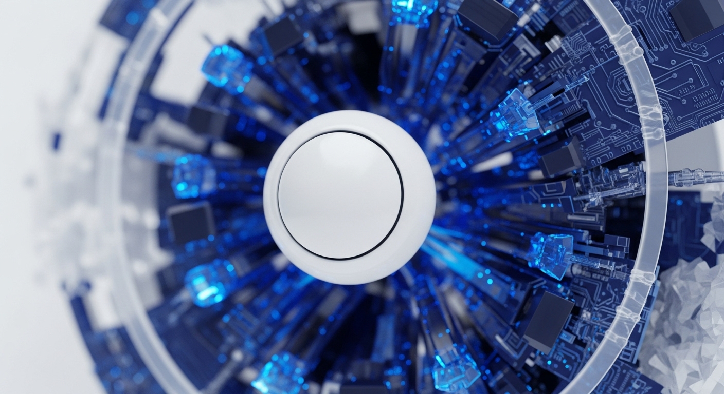 A prominent white button sits at the center, encircled by a dynamic, radiating structure composed of intricate blue circuit board components and luminous data channels. This abstract representation signifies the foundational block or central processing hub of a blockchain, highlighting the interconnectedness and complex architecture inherent in decentralized ledger technologies