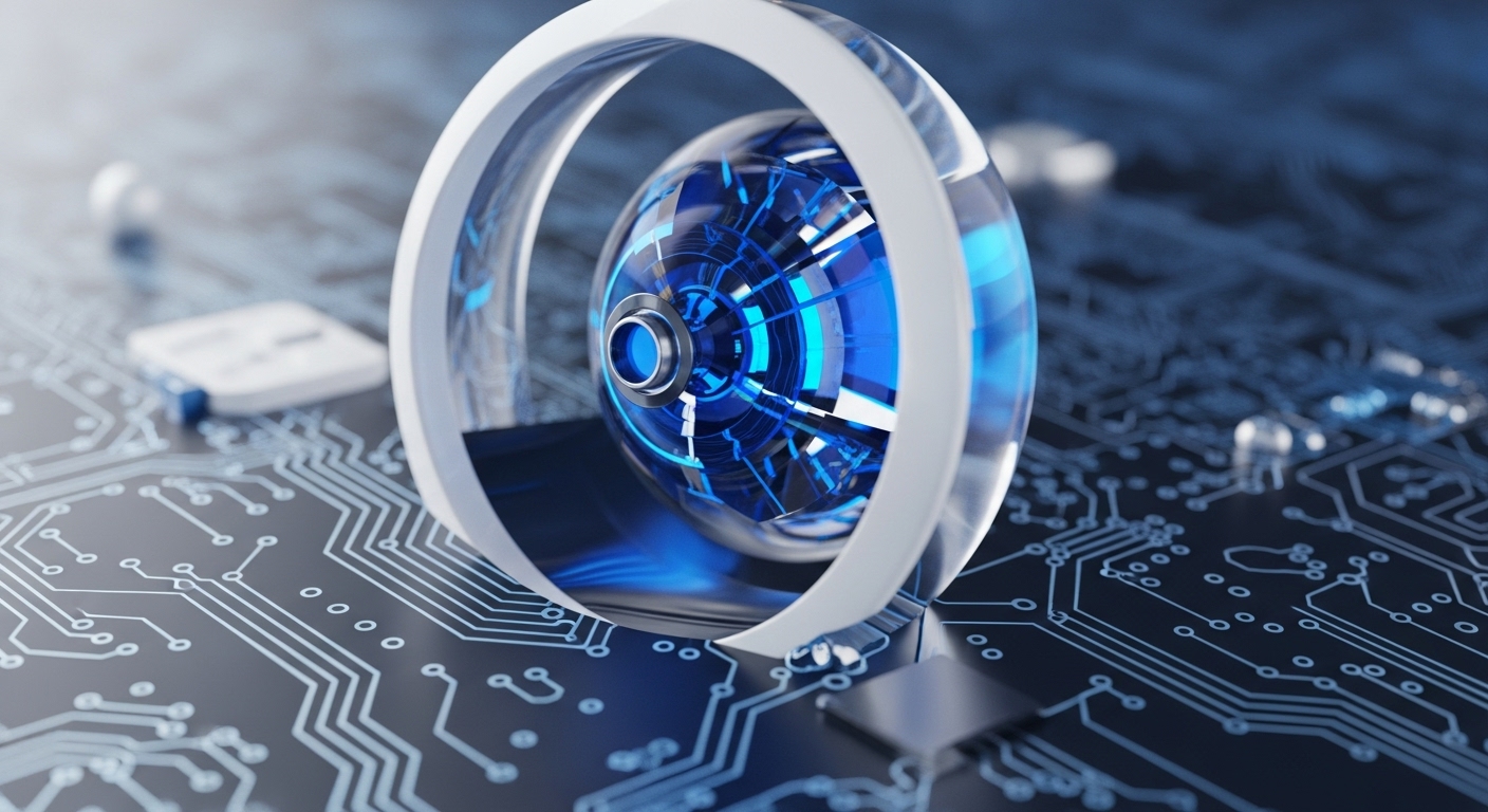 A radiant blue digital core, enclosed within a clear sphere and embraced by a white ring, is positioned on a detailed, glowing circuit board. This imagery encapsulates the foundational elements of blockchain and the creation of digital assets