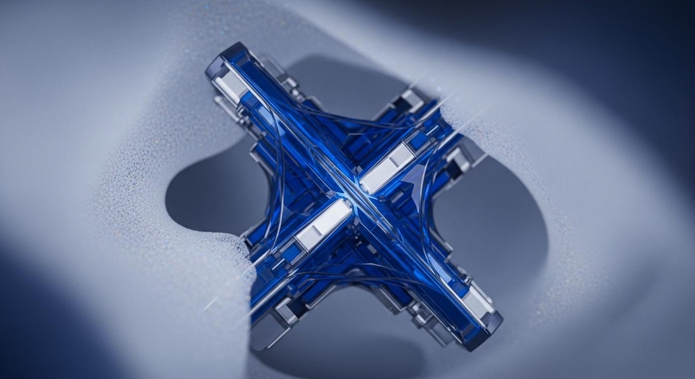 A complex, angular structure composed of transparent blue and metallic silver components forms a central 'X' shape. It is nestled within a softly textured, light grey background with subtle undulations and shadows