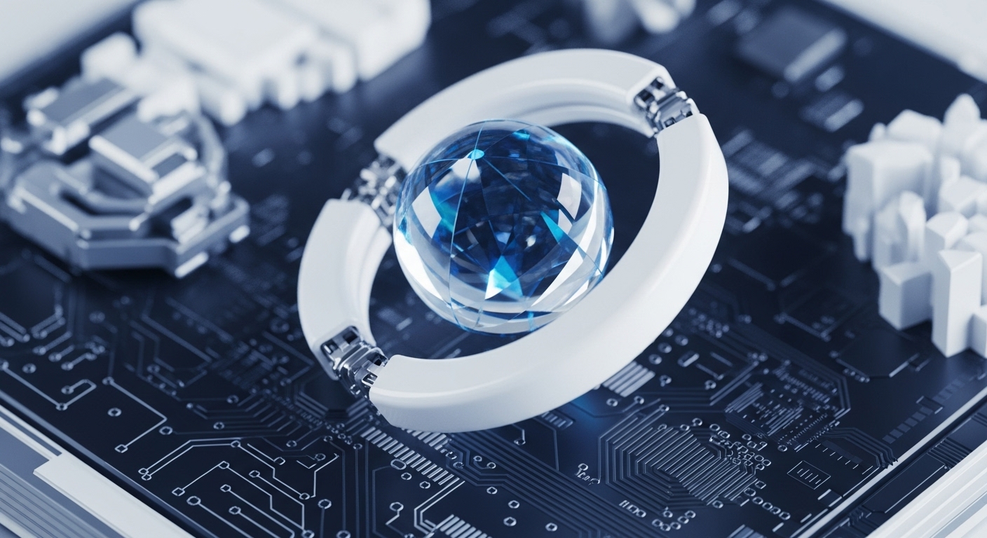 A brilliant, multi-faceted crystalline orb, radiating electric blue hues, is centrally placed within a sleek, white toroidal frame. This entire assembly rests upon a detailed, dark printed circuit board, replete with intricate pathways and electronic components
