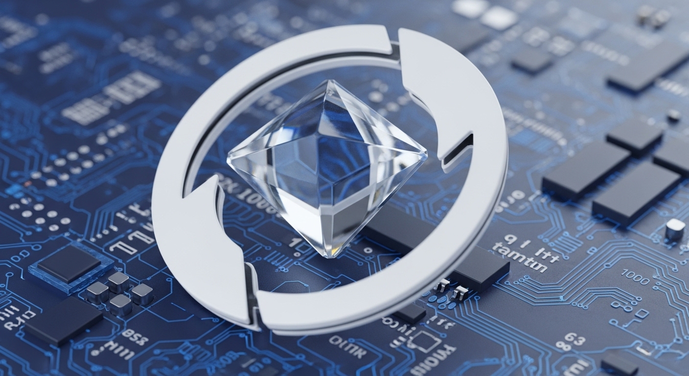 A luminous, multifaceted crystalline gem, akin to a diamond, is encased by a sleek, circular metallic frame with directional indicators, symbolizing movement or transition. This central element is superimposed on a detailed blue printed circuit board, a visual representation of underlying technological architecture